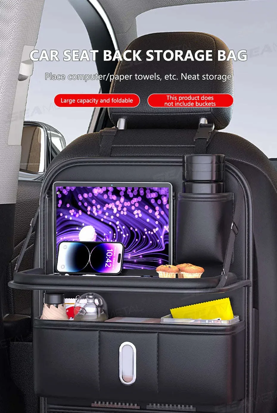 Car Seat Back Organizer with Foldable Tray - Image 7