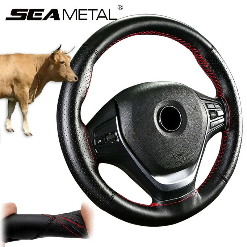 Cowhide Leather Steering Wheel Cover for 37-39cm - Image 2