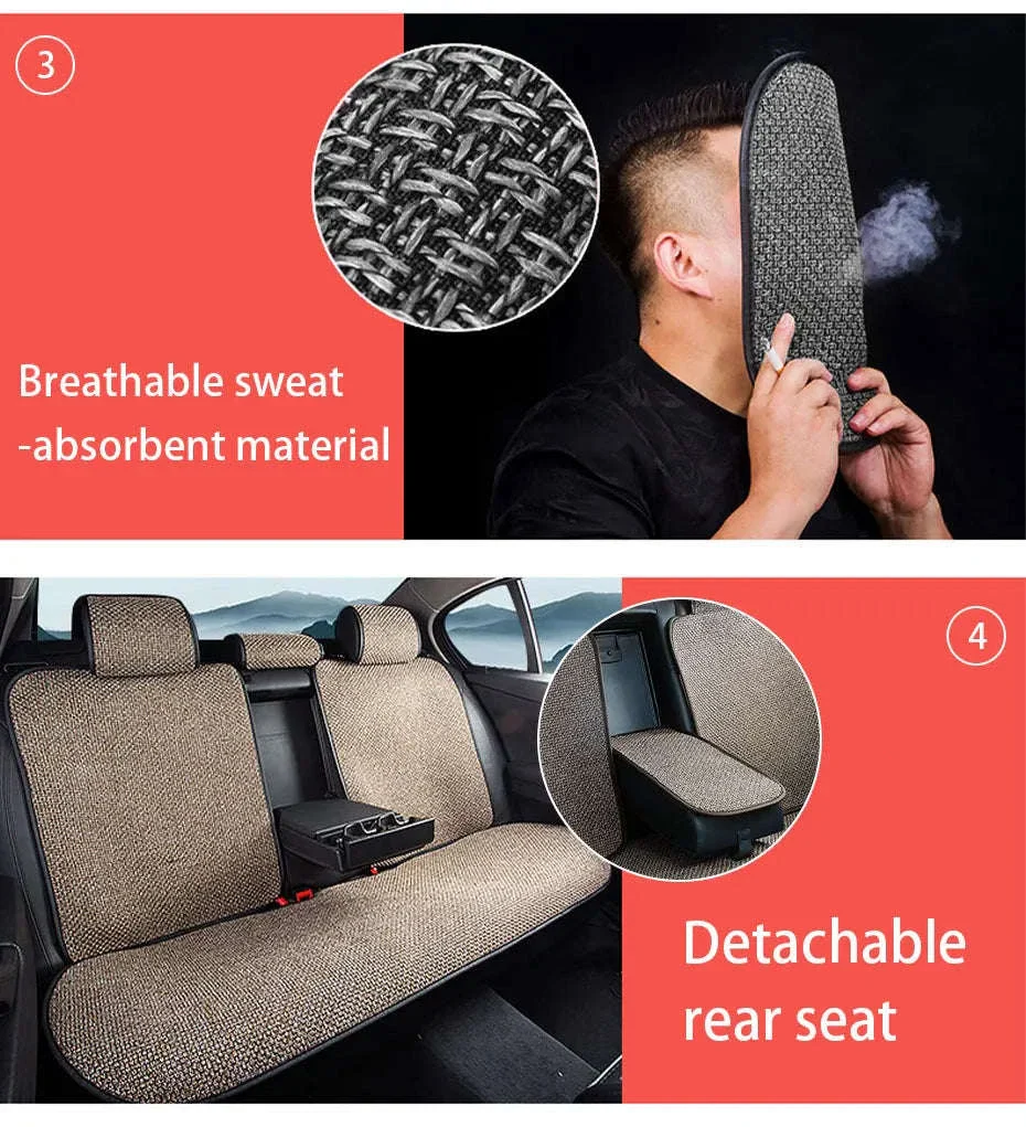 Flax Car Seat Cover Breathable Sweatproof Linen Cushion with Backrest Pad - Image 13