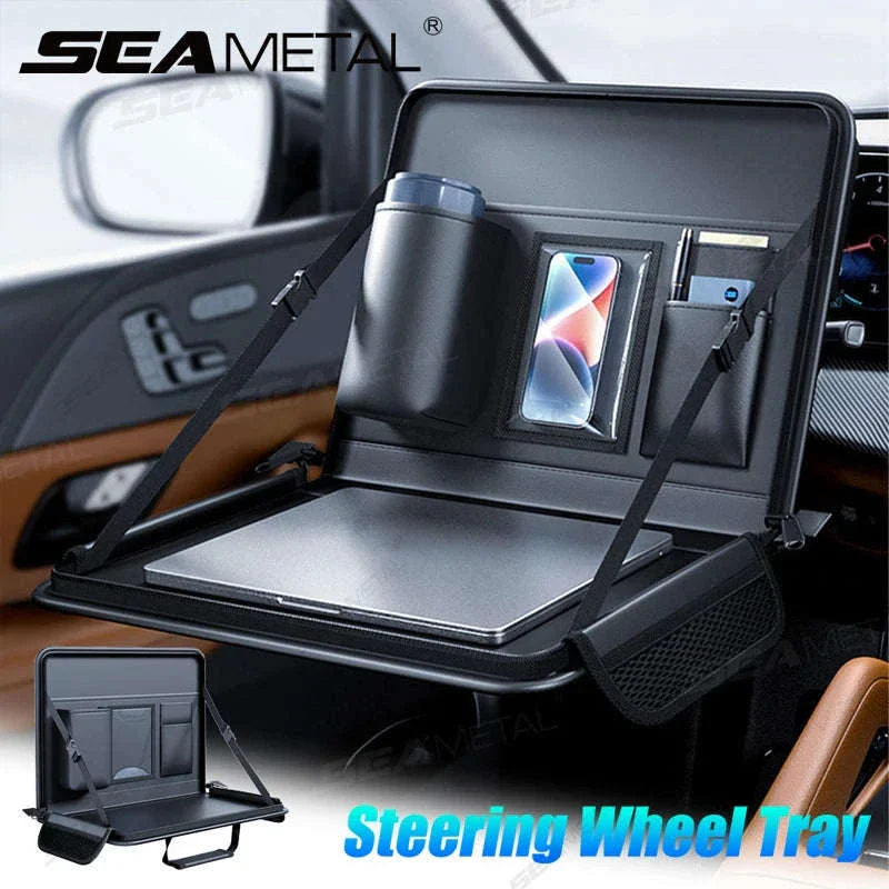 Portable Steering Wheel Foldable Tray with Multi-Pocket Storage