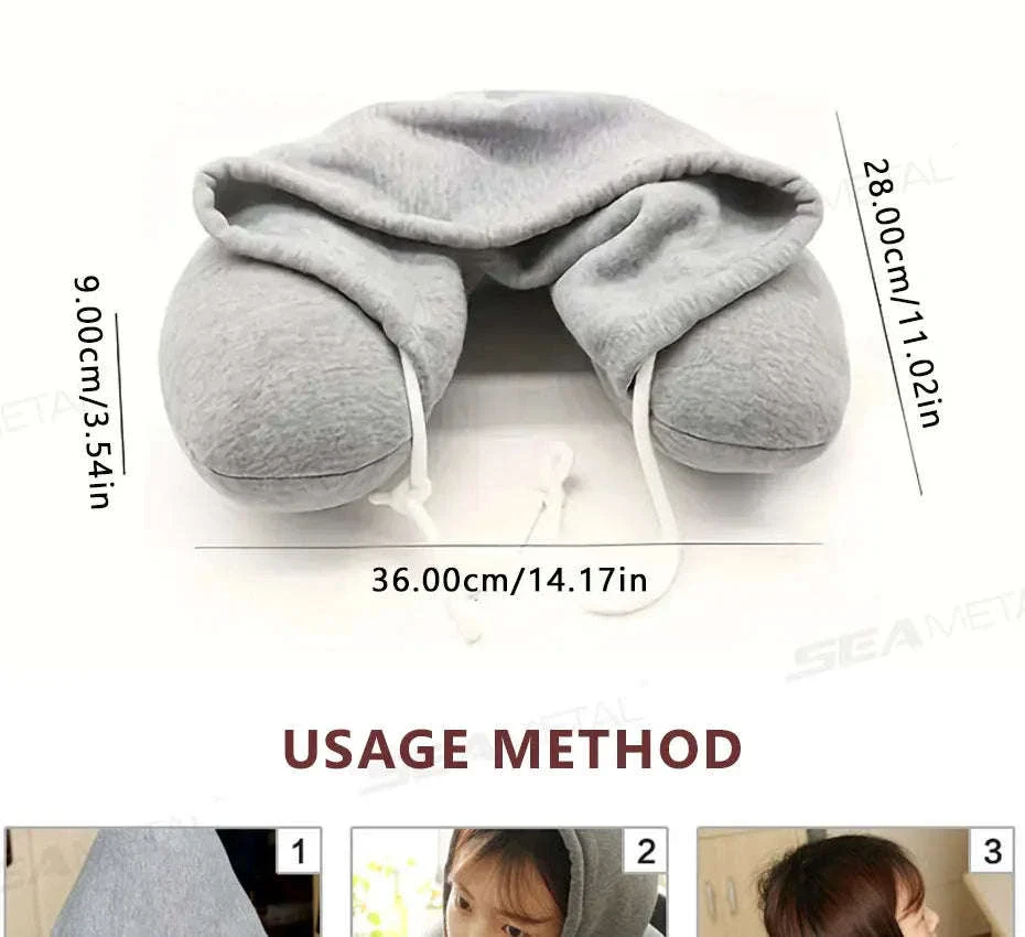 Portable U-Shape Travel Neck Pillow with Hood - Image 8