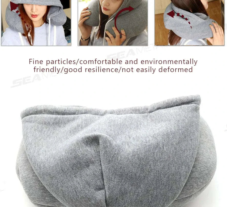 Portable U-Shape Travel Neck Pillow with Hood - Image 9