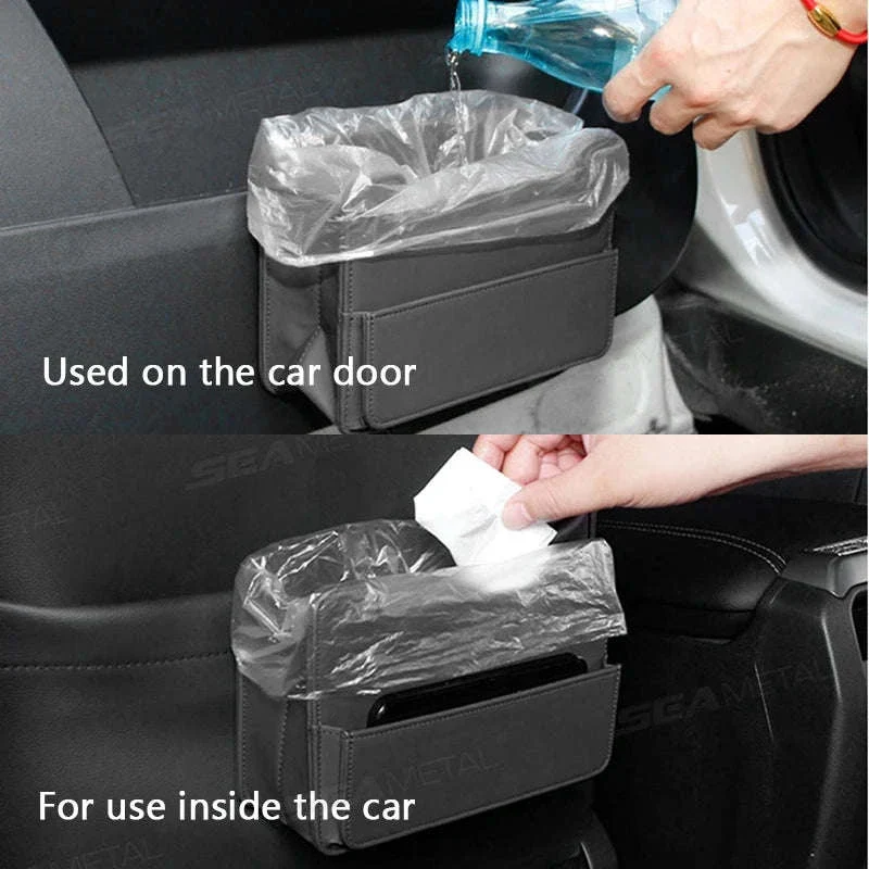 Tiny Car Trash Can with Pocket, Waterproof PU Leather - Image 3