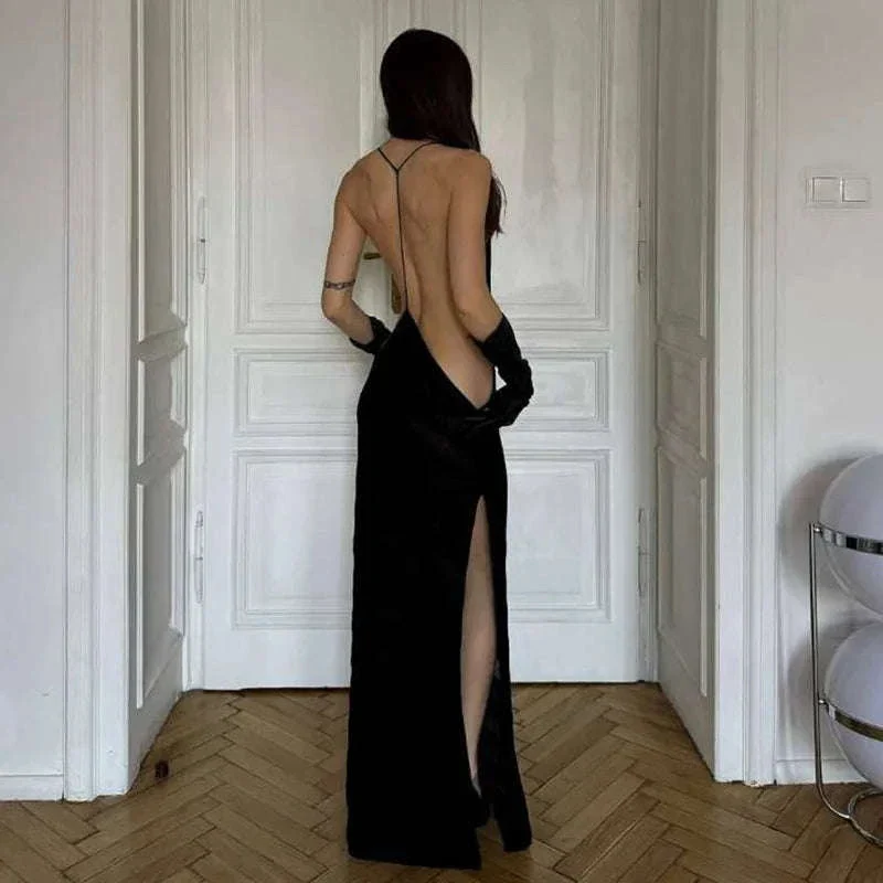 Sheer Mesh Halter Maxi Dress Backless Bodycon Split Summer Dress - Image 10