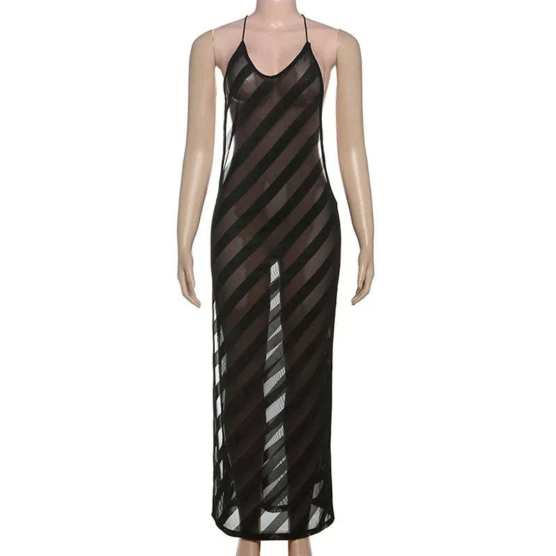 Sheer Mesh Halter Maxi Dress Backless Bodycon Split Summer Dress - Image 14