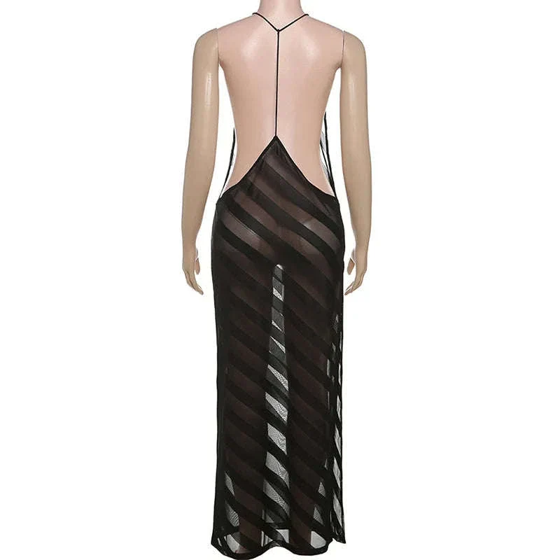 Sheer Mesh Halter Maxi Dress Backless Bodycon Split Summer Dress - Image 16