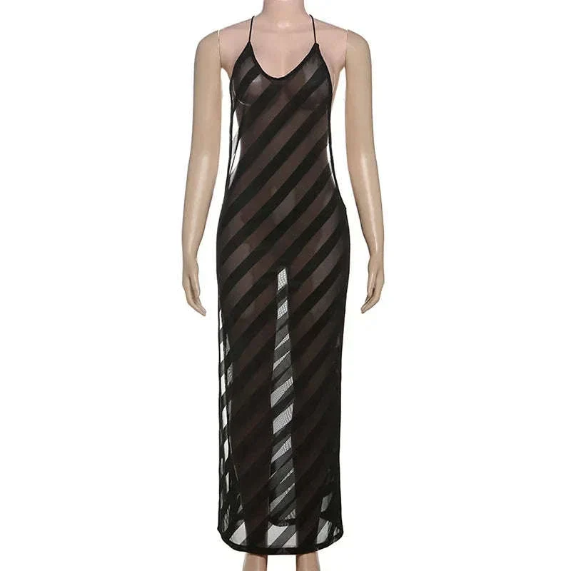Sheer Mesh Halter Maxi Dress Backless Bodycon Split Summer Dress - Image 24