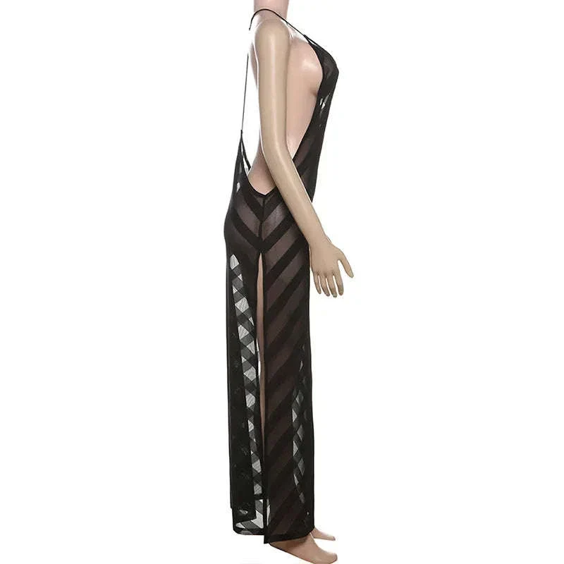 Sheer Mesh Halter Maxi Dress Backless Bodycon Split Summer Dress - Image 4
