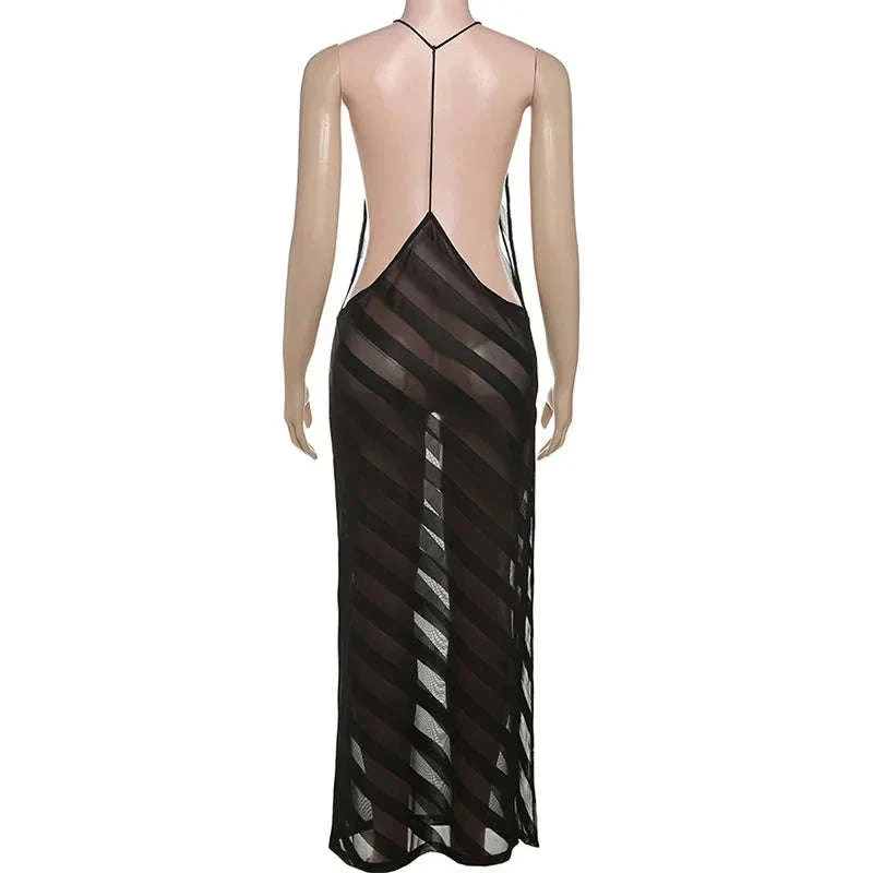 Sheer Mesh Halter Maxi Dress Backless Bodycon Split Summer Dress - Image 5