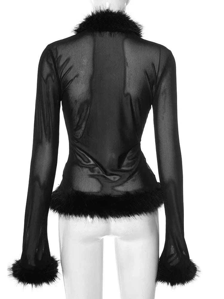Sheer Patchwork Cardigan Top with Stretch Fit and V-Neck Style - Image 10
