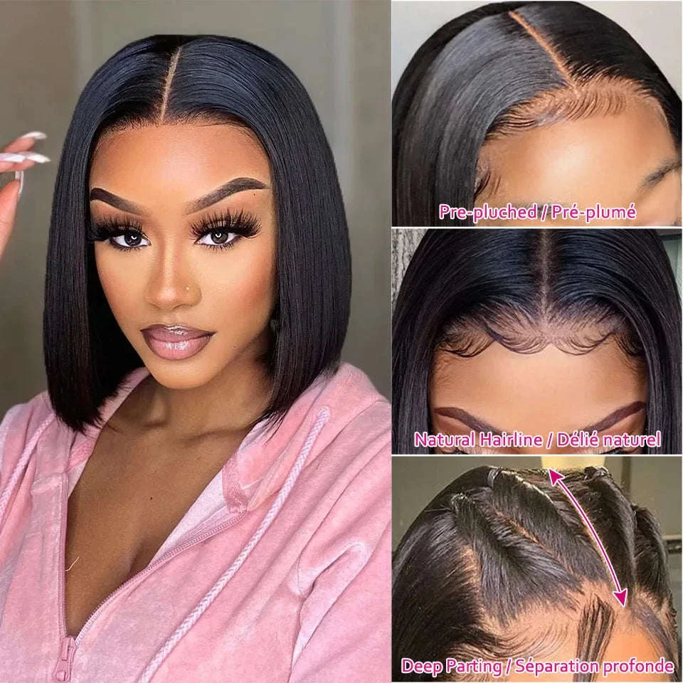 Short Straight Bob Wig Human Hair with Transparent Lace - Image 2