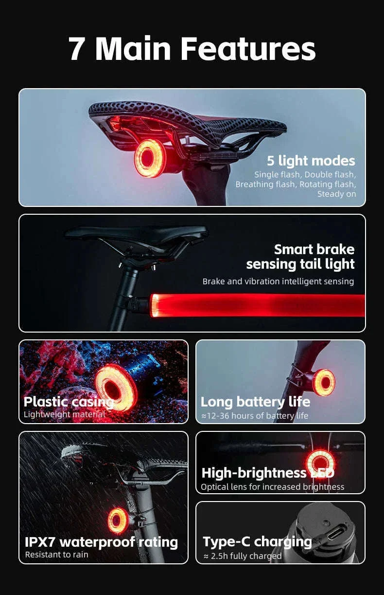Smart Bike Tail Light with Brake Sensor and USB Rechargeable Waterproof Design - Image 8