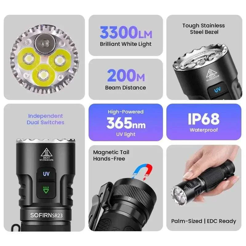Sofirn SR23 3300LM Dual Light Flashlight with UV 365nm USB-C - Image 6