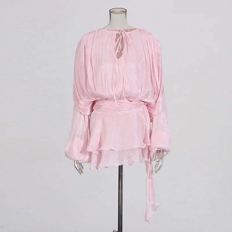 Lace-Up Patchwork Mini Dress with Long Sleeves - Image 28