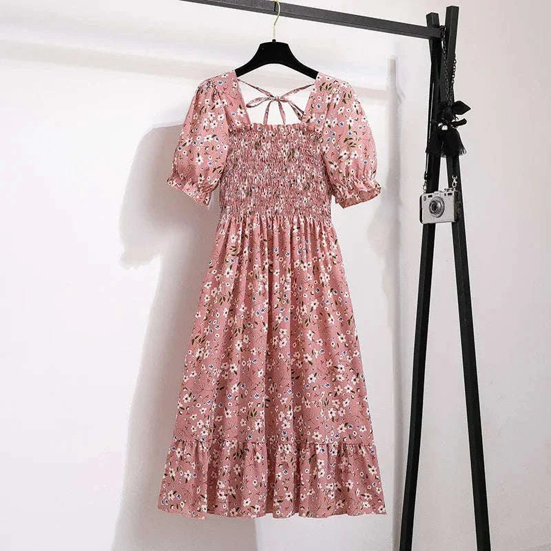 Floral Chiffon A-Line Dress with Elastic Waist and Pleats - Image 16