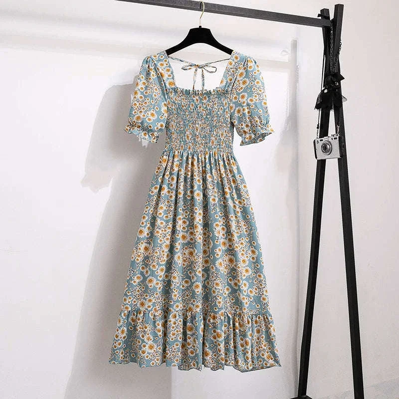 Floral Chiffon A-Line Dress with Elastic Waist and Pleats - Image 22
