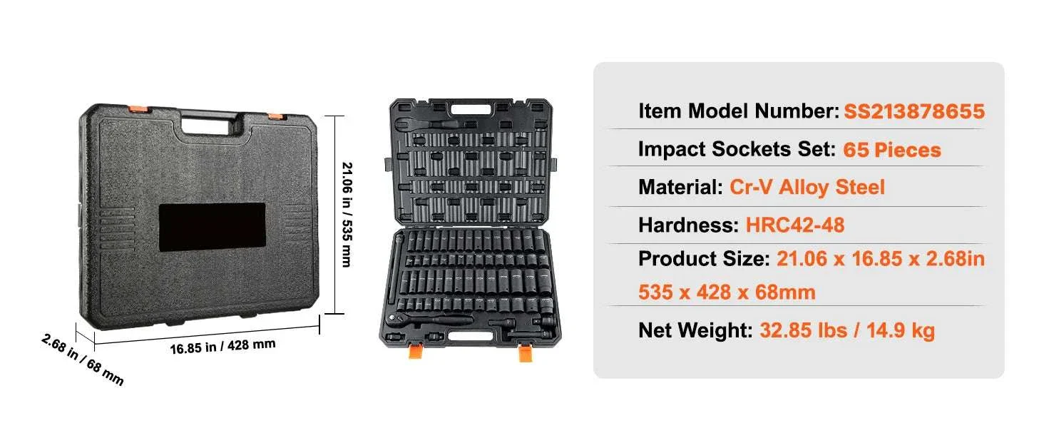 1/2" Drive 65-Piece Impact Socket Set Cr-V Steel Auto Repair Kit - Image 12