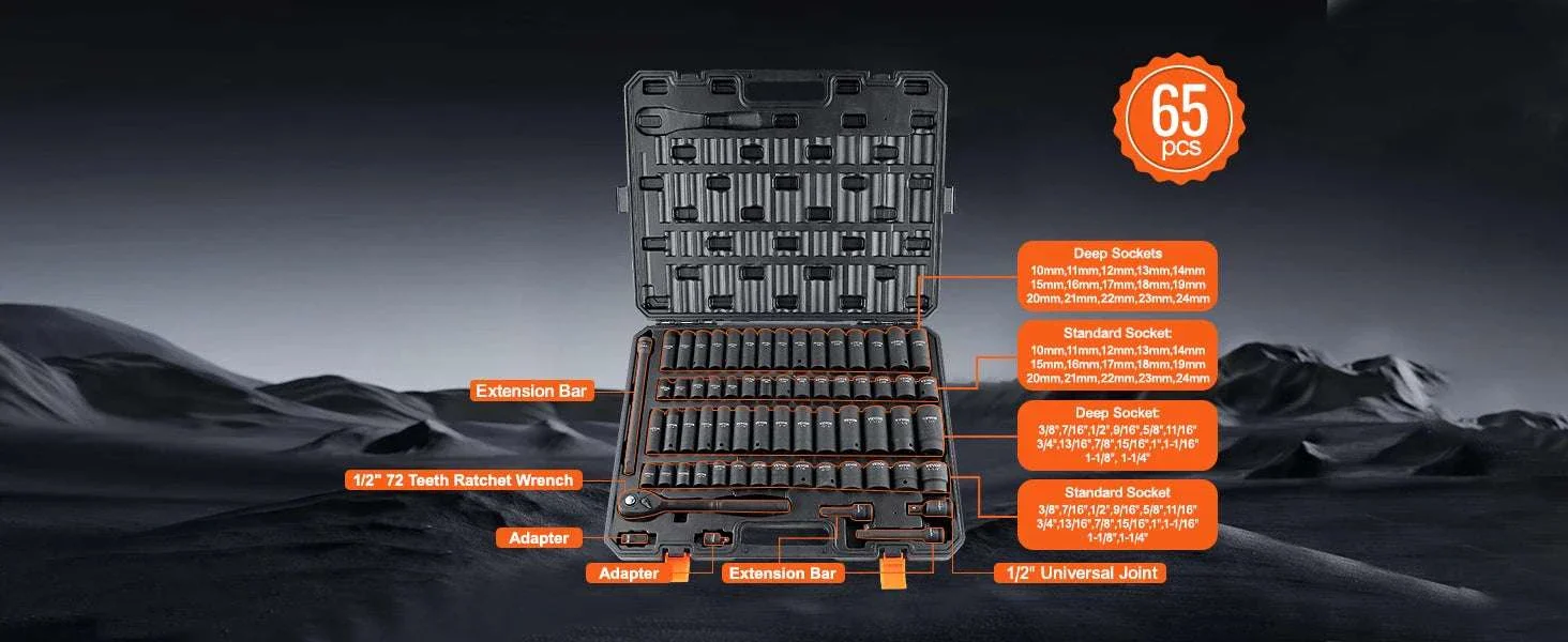 1/2" Drive 65-Piece Impact Socket Set Cr-V Steel Auto Repair Kit - Image 13