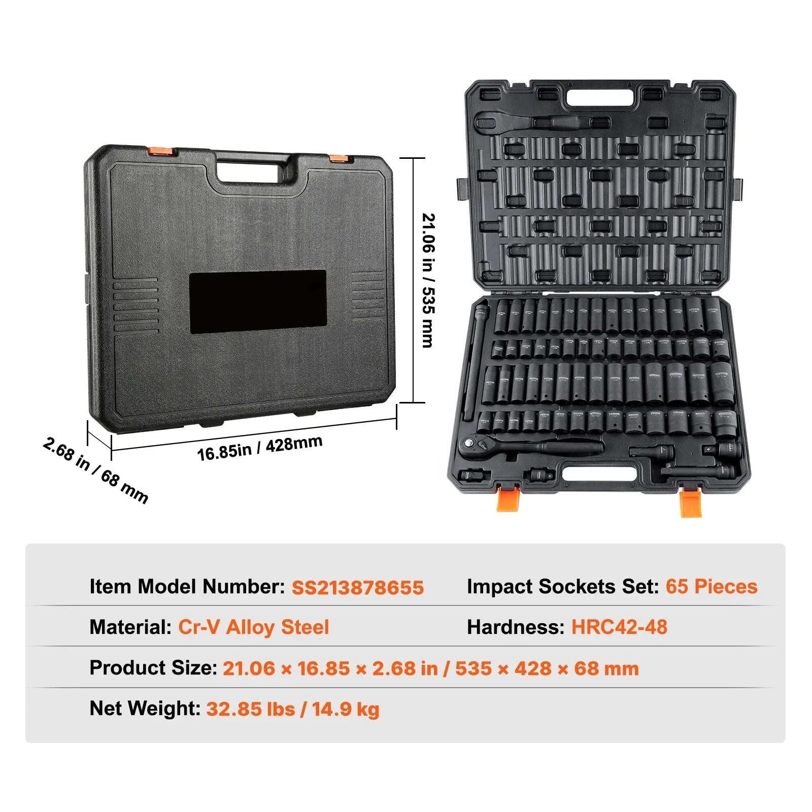 1/2" Drive 65-Piece Impact Socket Set Cr-V Steel Auto Repair Kit - Image 14