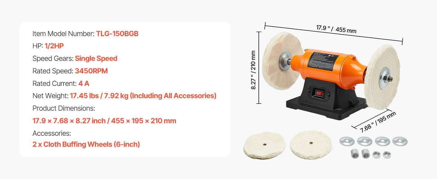 6-Inch Bench Buffer Polisher 1/2HP 3450RPM with Cloth Wheels - Image 13