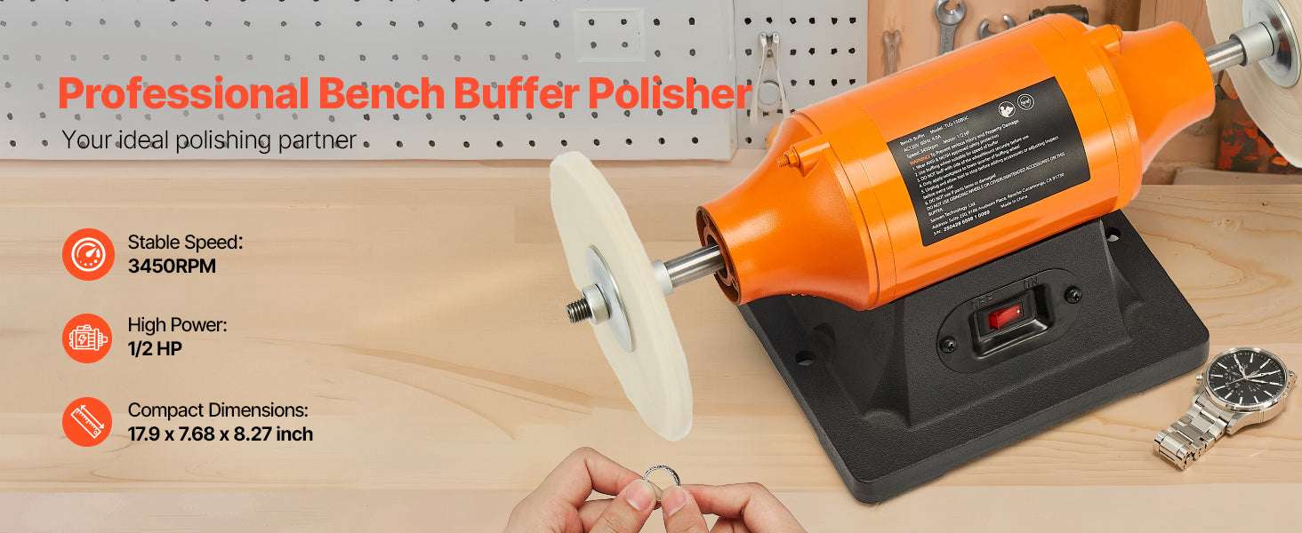 6-Inch Bench Buffer Polisher 1/2HP 3450RPM with Cloth Wheels - Image 8