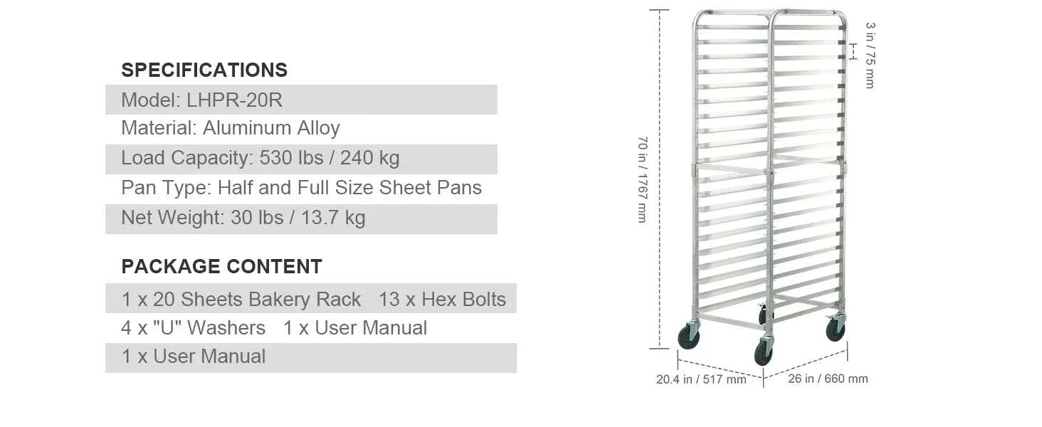 Commercial Bun Pan Rack with Brake Wheels for 10/20 Sheet Pans - Image 13