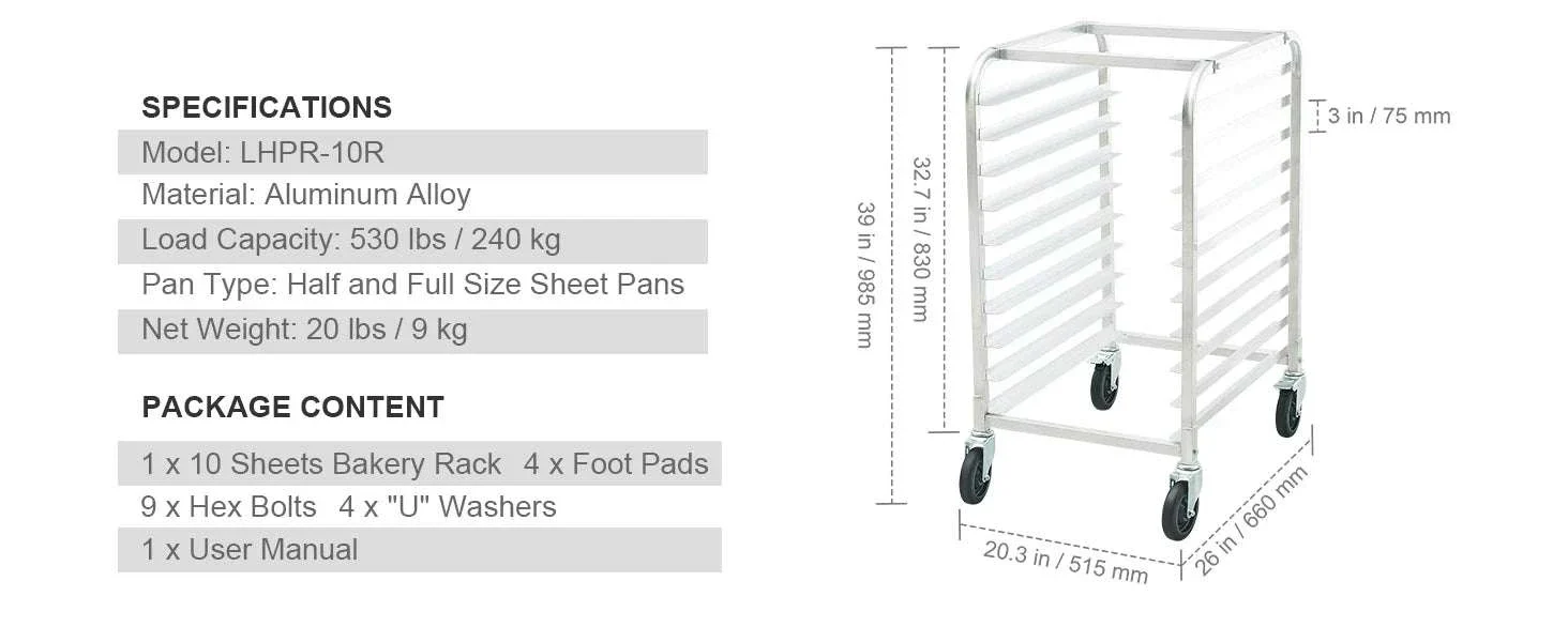 Commercial Bun Pan Rack with Brake Wheels for 10/20 Sheet Pans - Image 14