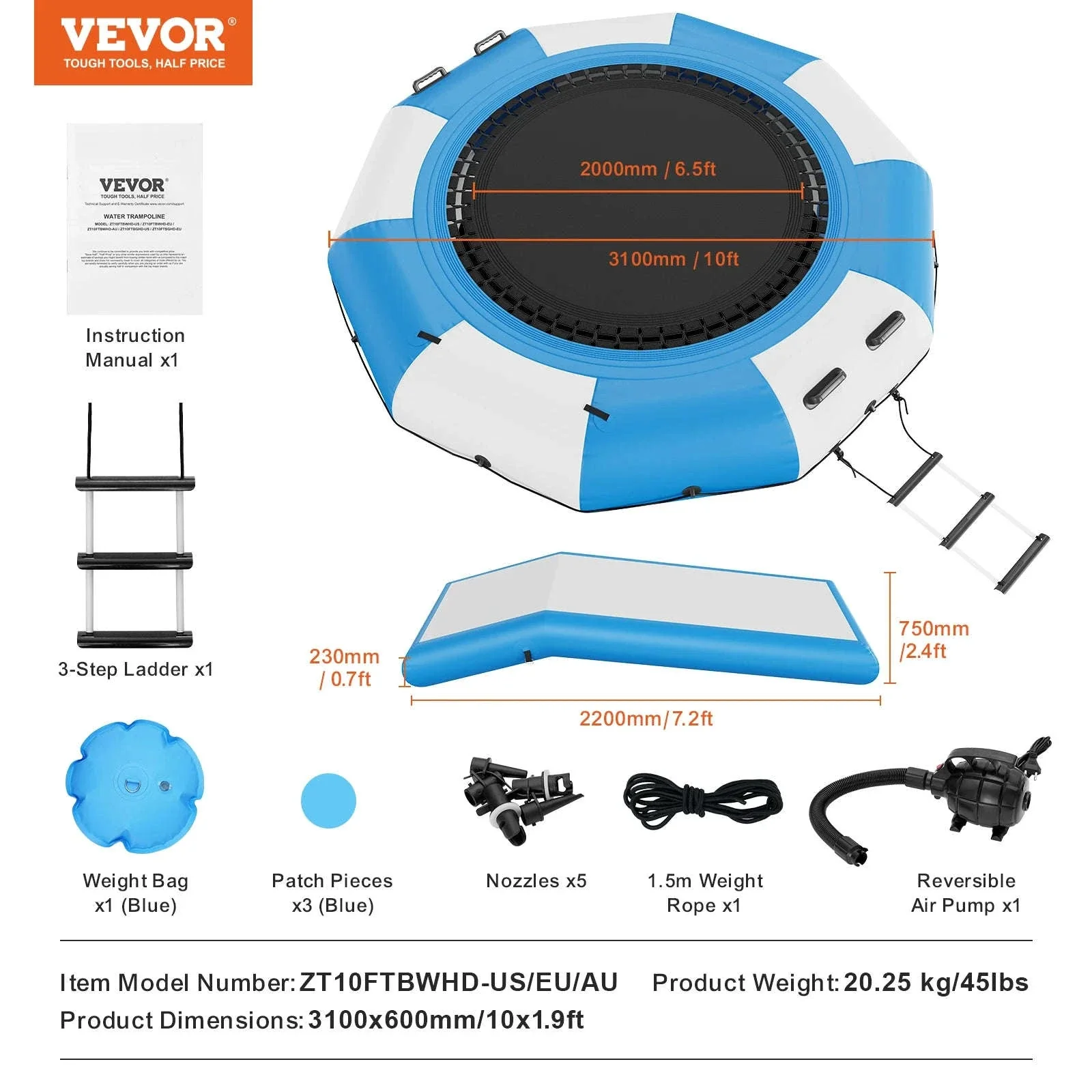 10ft Inflatable Water Trampoline with Slide & Ladder Swim Platform - Image 8