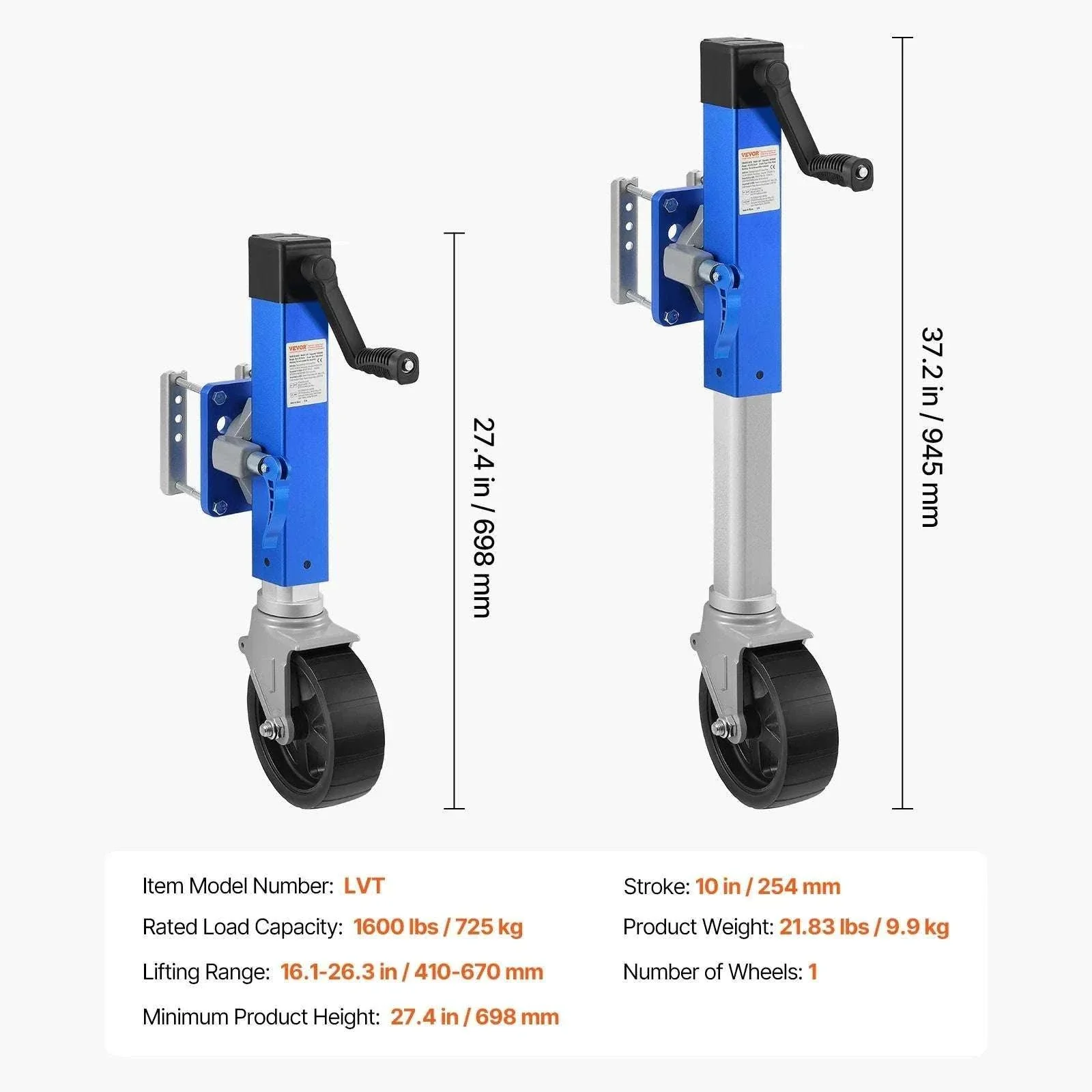 1600 lb Sidewind Trailer Jack with Wheel – Bolt-On, Adjustable Height - Image 14