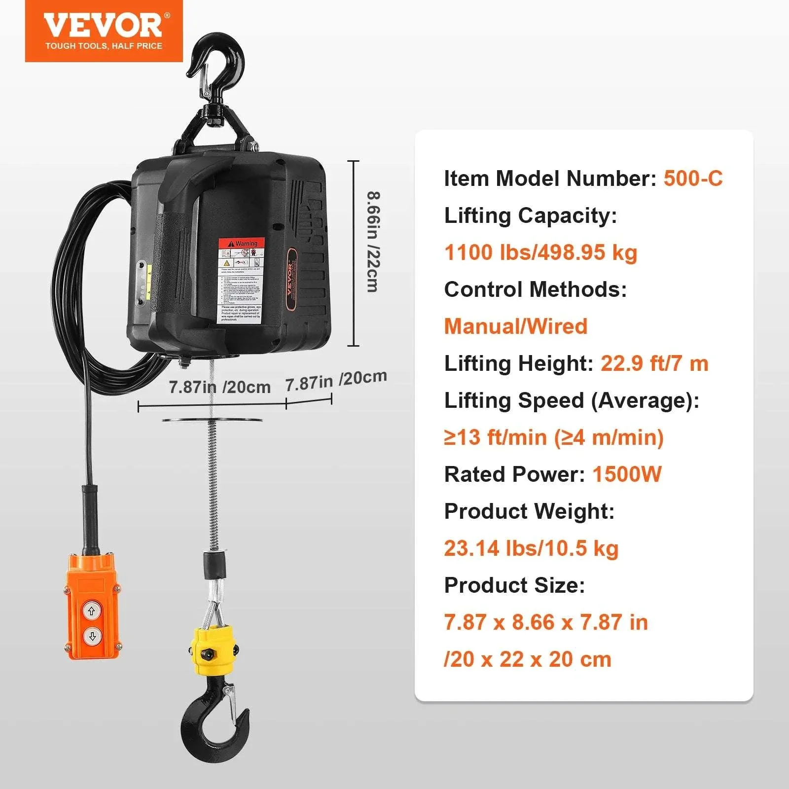 1500W Electric Hoist Winch with Wireless Remote, 1100 lbs Capacity - Image 16