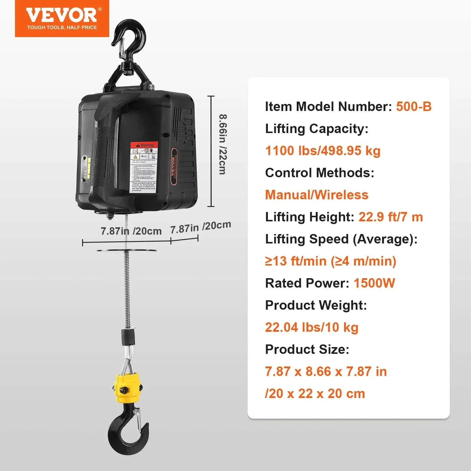1500W Electric Hoist Winch with Wireless Remote, 1100 lbs Capacity - Image 17