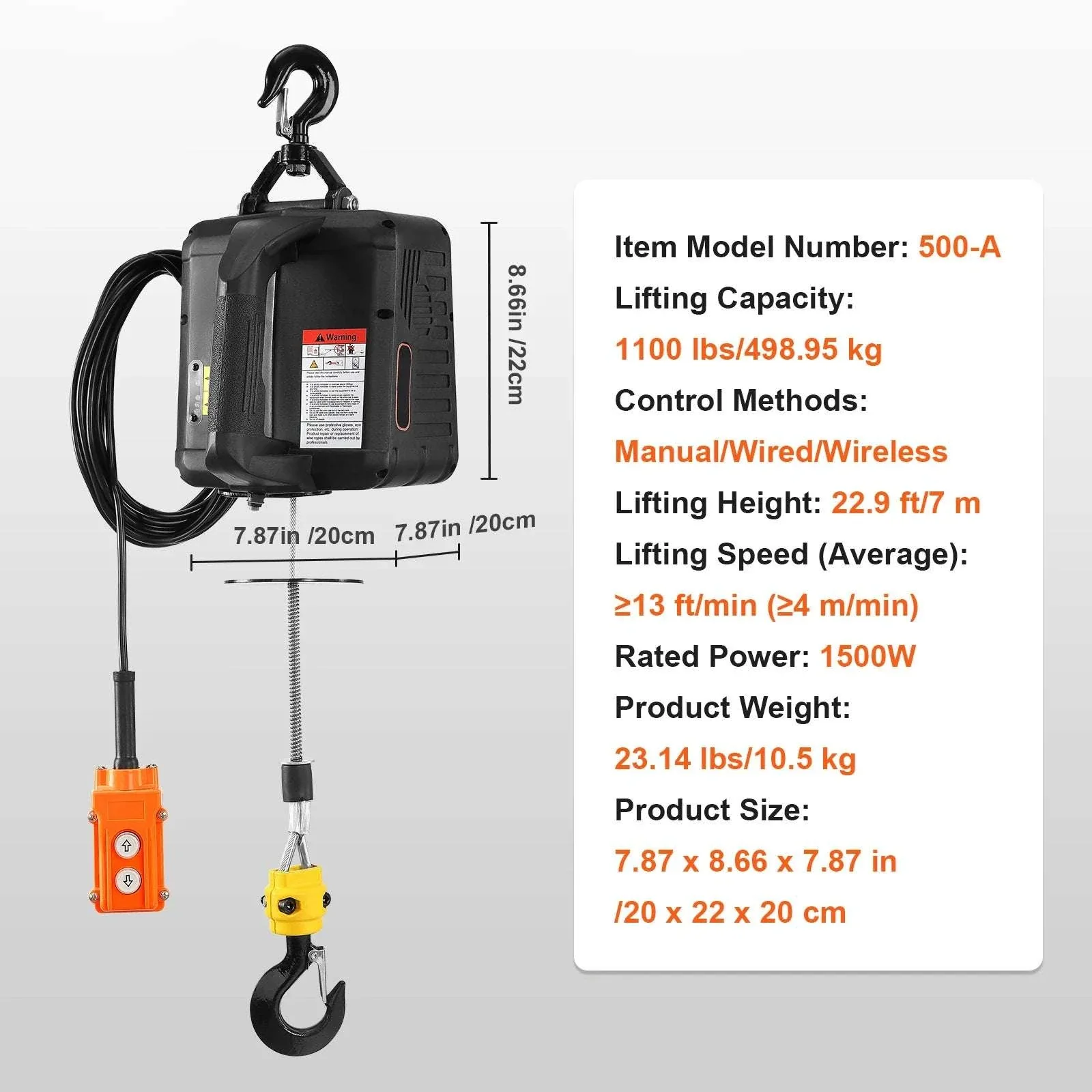 1500W Electric Hoist Winch with Wireless Remote, 1100 lbs Capacity - Image 18