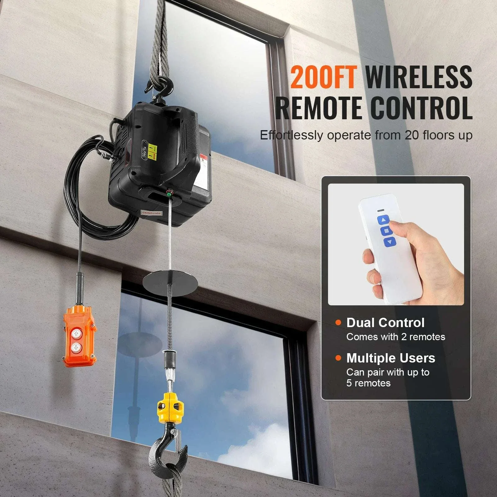 1500W Electric Hoist Winch with Wireless Remote, 1100 lbs Capacity - Image 3