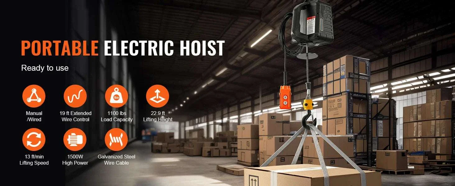 1500W Electric Hoist Winch with Wireless Remote, 1100 lbs Capacity - Image 8