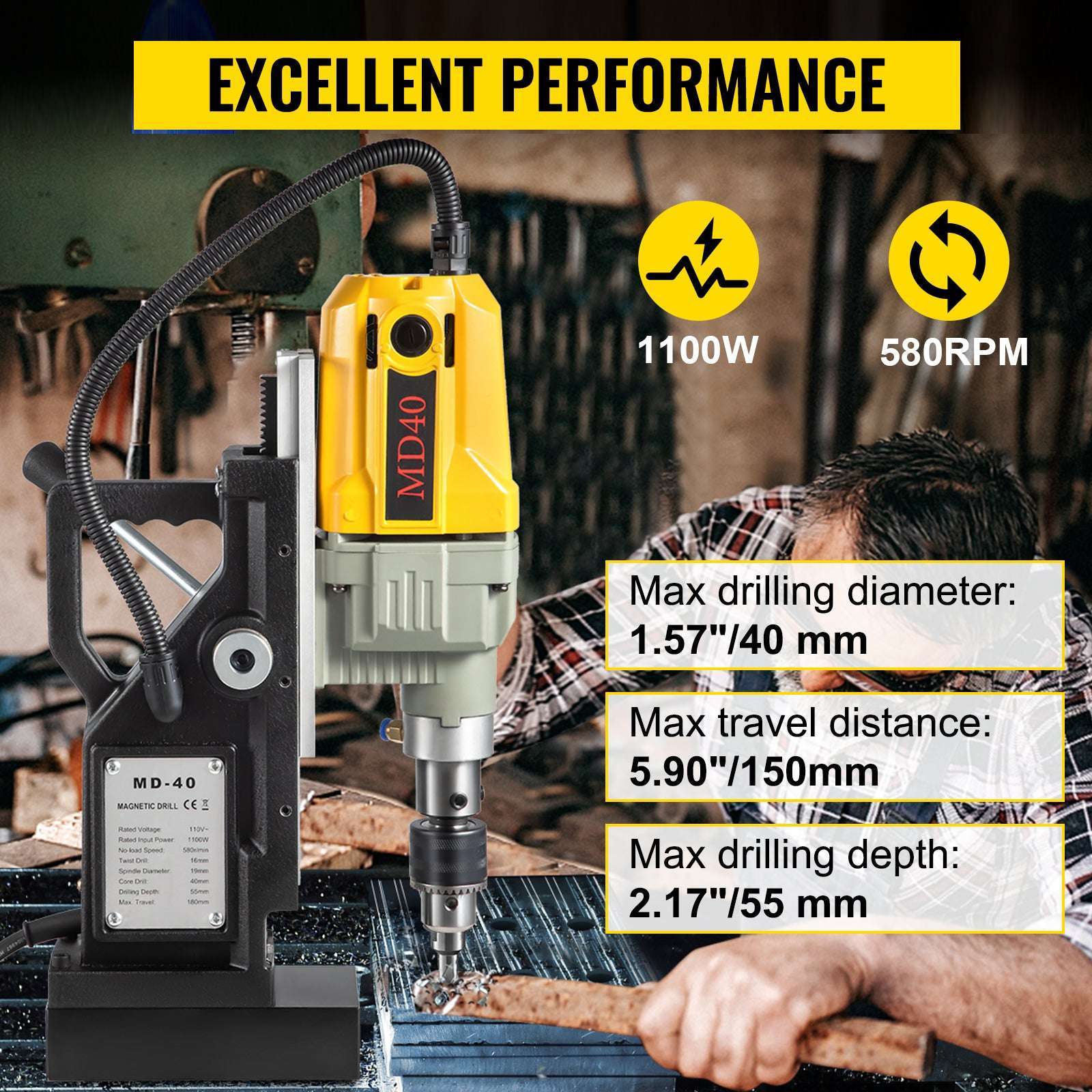 1100W Magnetic Drill Press with 12000N Base & 40mm Capacity - Image 9