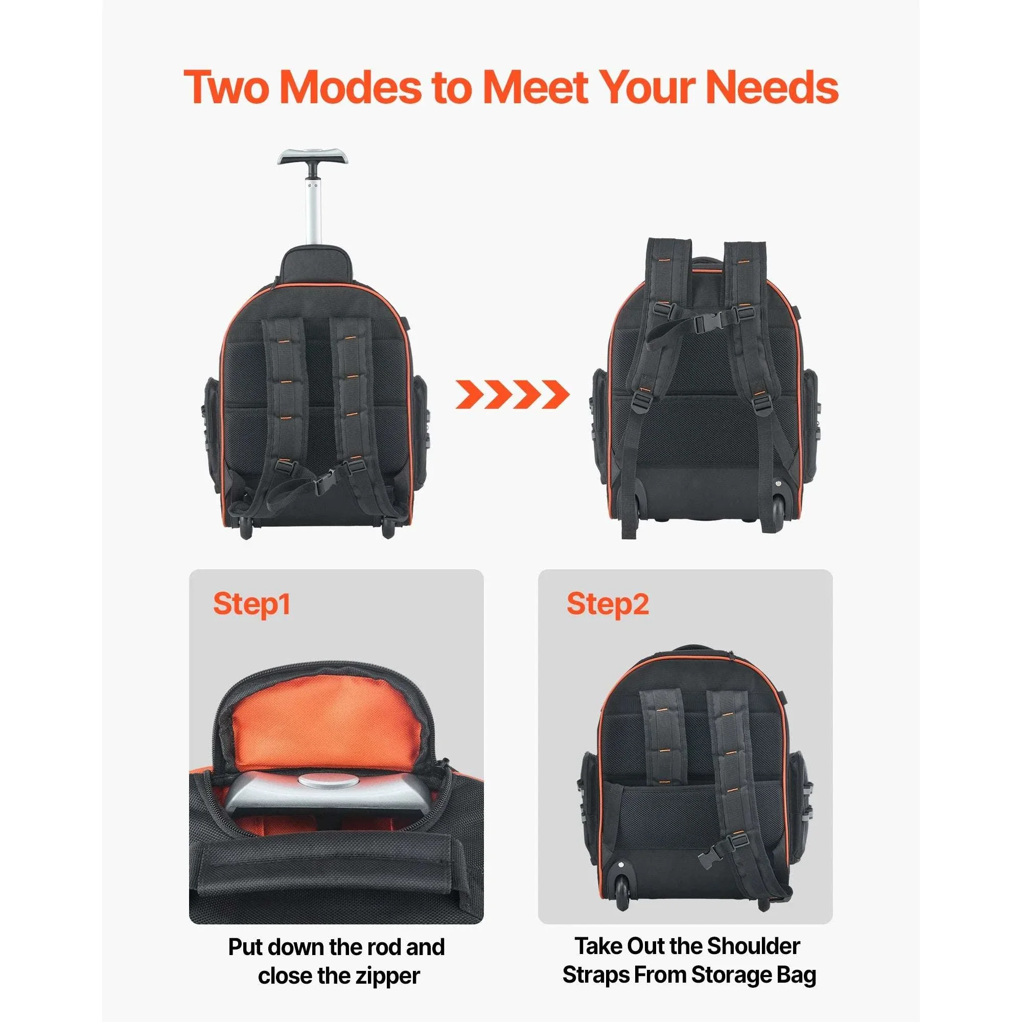 Rolling Tool Backpack with Wheels 110lb Capacity & Multi-Pocket Storage - Image 5