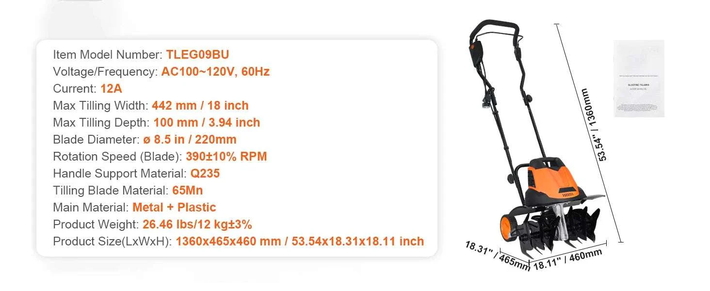18" Electric Tiller 12A Garden Cultivator with Steel Tines - Image 13