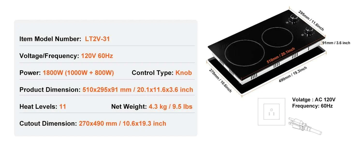 12-Inch Electric Cooktop 2 Burners Ceramic Stove with Knob Control - Image 13