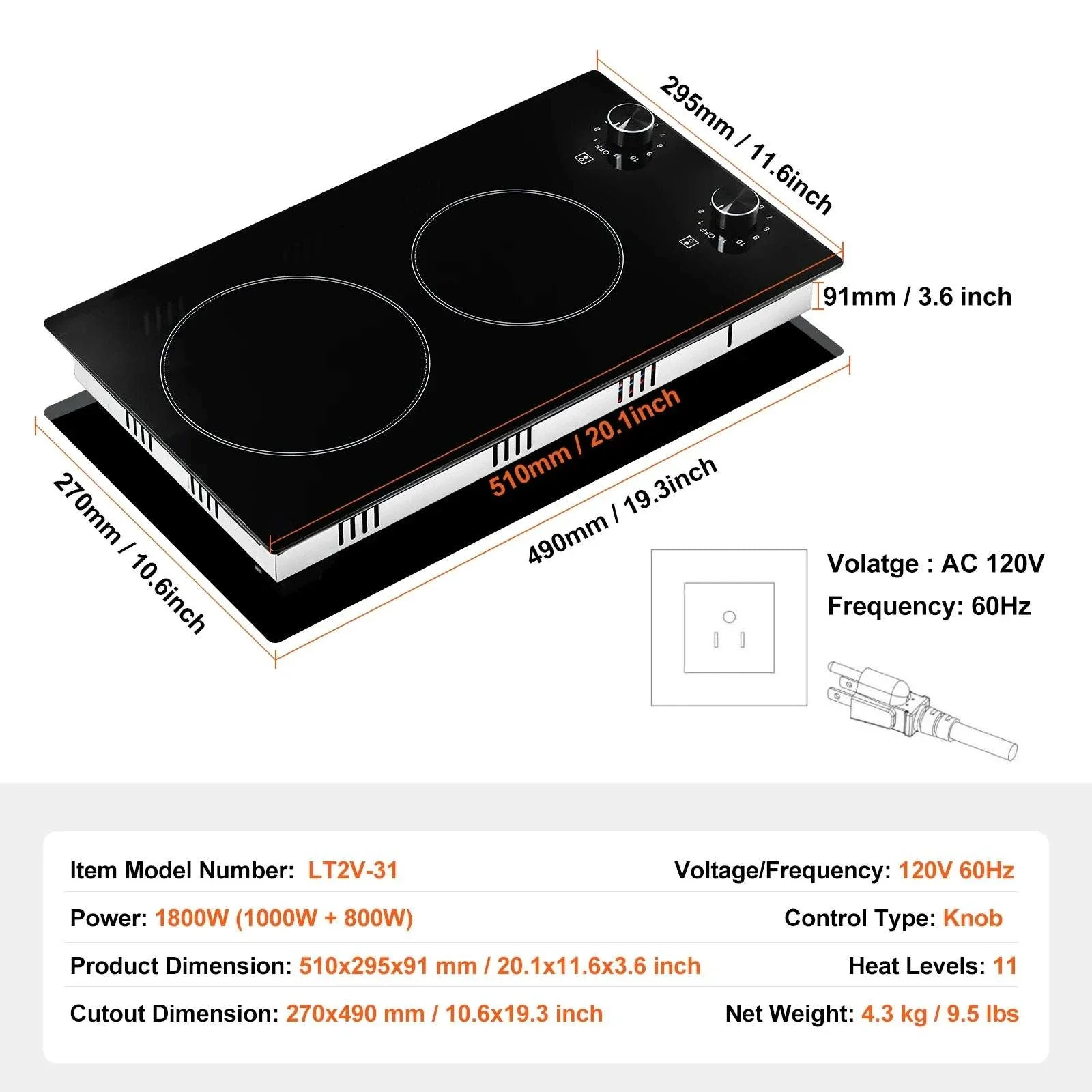 12-Inch Electric Cooktop 2 Burners Ceramic Stove with Knob Control - Image 15
