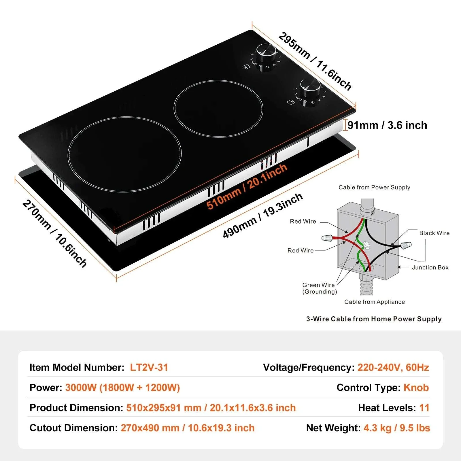 12-Inch Electric Cooktop 2 Burners Ceramic Stove with Knob Control - Image 16