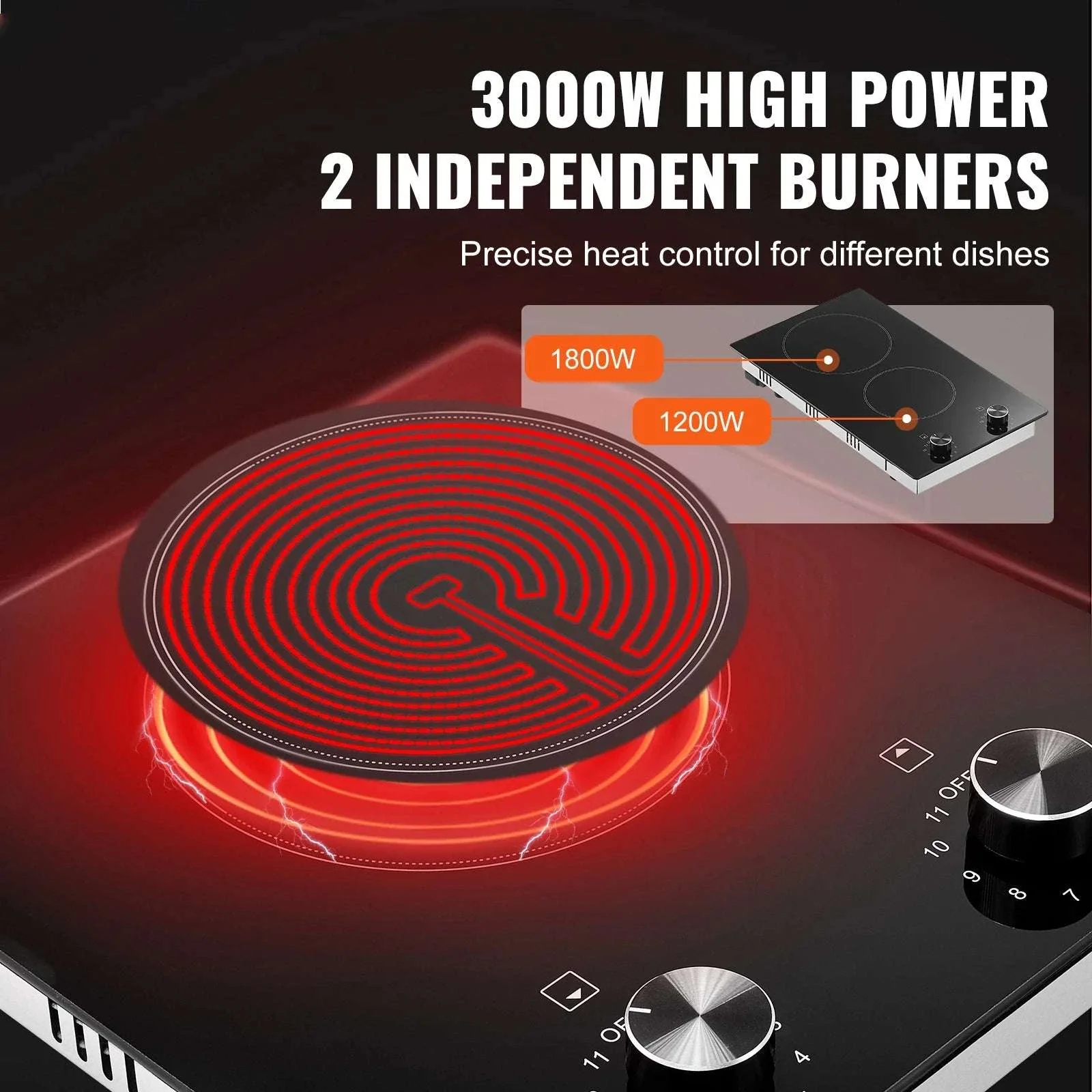 12-Inch Electric Cooktop 2 Burners Ceramic Stove with Knob Control - Image 3