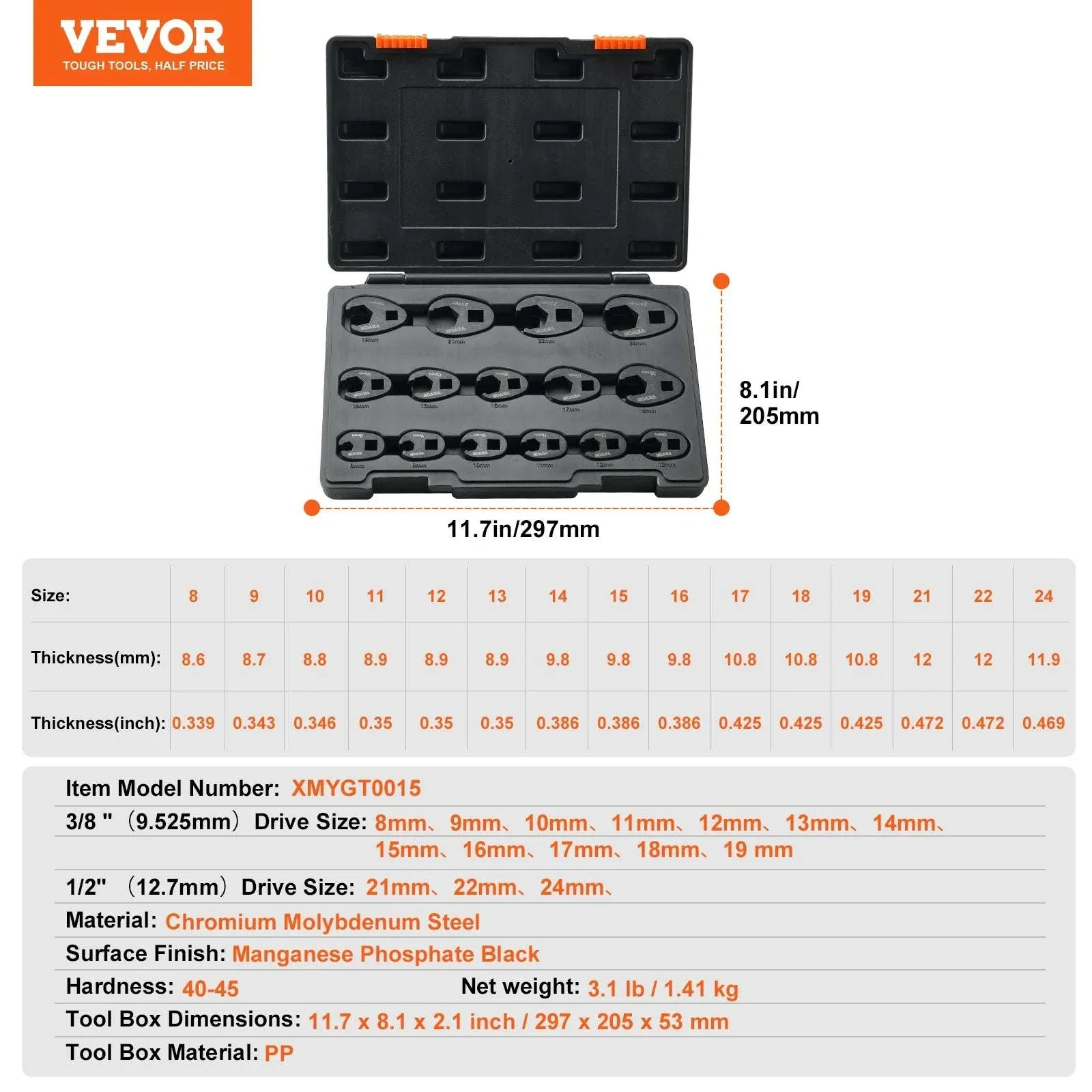 Crowfoot Wrench Set 3/8" & 1/2" Drive CR-MO Steel Tool Kit - Image 20