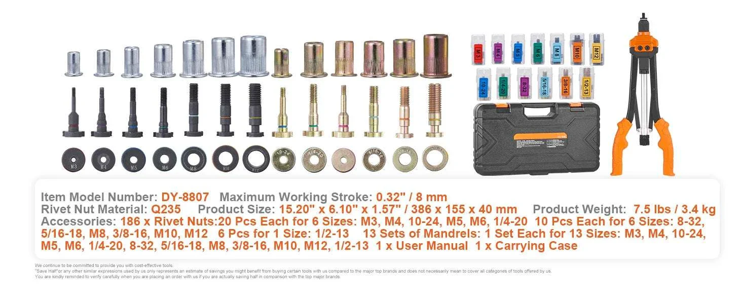 Rivet Nut Tool Kit 14"/16" with Mandrels & 70–186pcs Rivnuts - Image 21