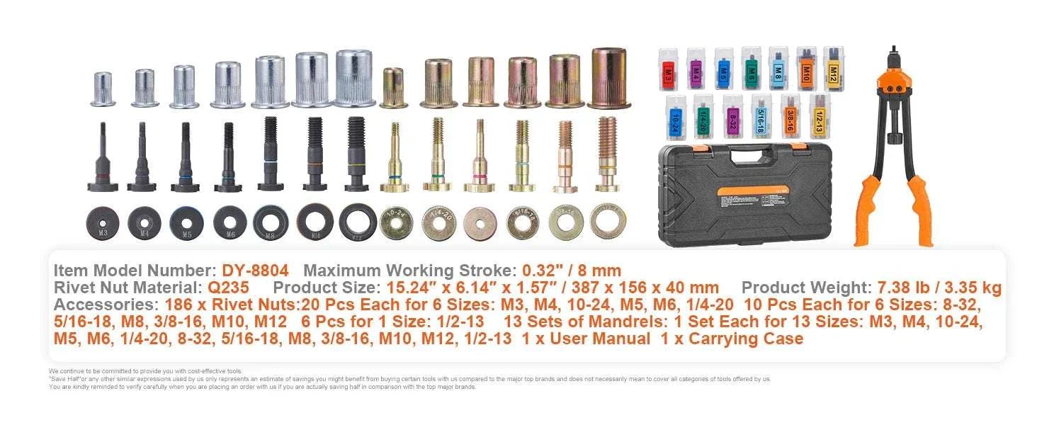 Rivet Nut Tool Kit 14"/16" with Mandrels & 70–186pcs Rivnuts - Image 22