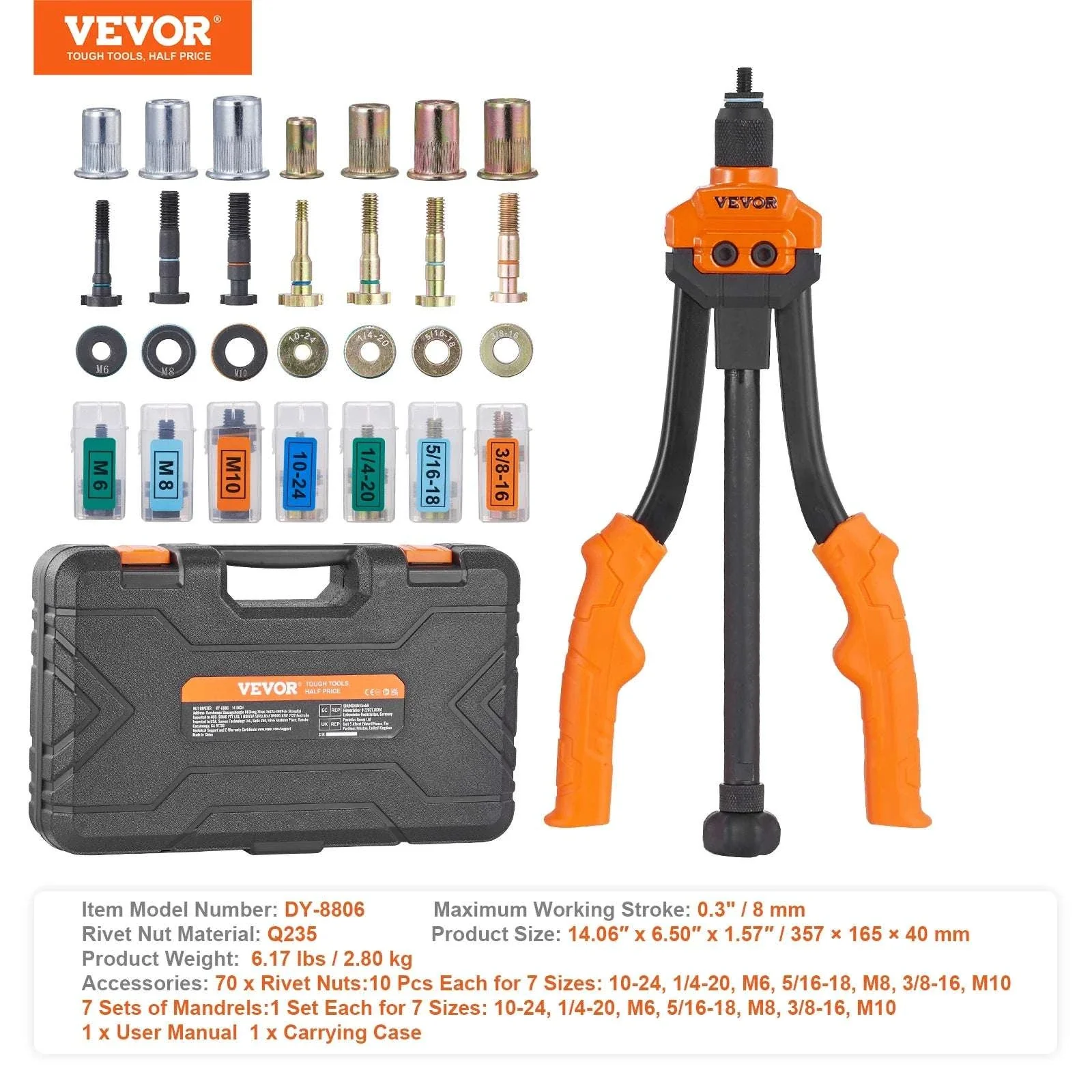 Rivet Nut Tool Kit 14"/16" with Mandrels & 70–186pcs Rivnuts - Image 24