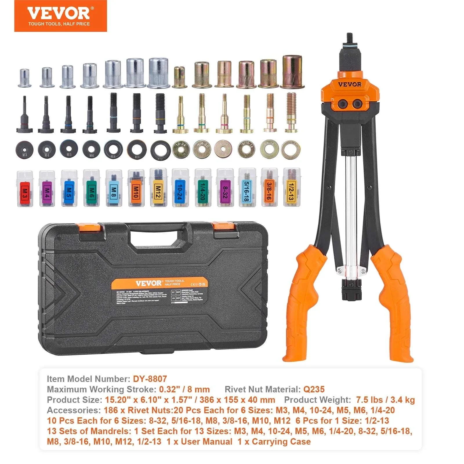 Rivet Nut Tool Kit 14"/16" with Mandrels & 70–186pcs Rivnuts - Image 26