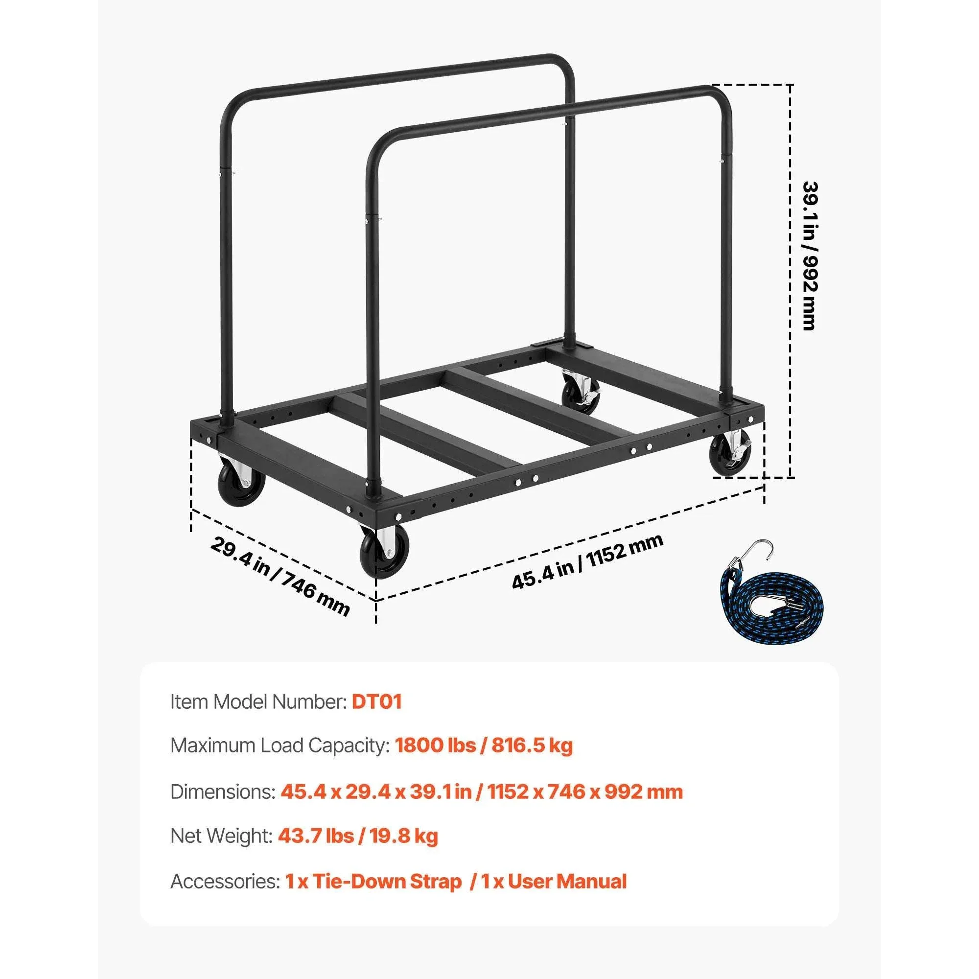 1800 lb Drywall Panel Dolly Cart with Swivel Casters & Strap - Image 20
