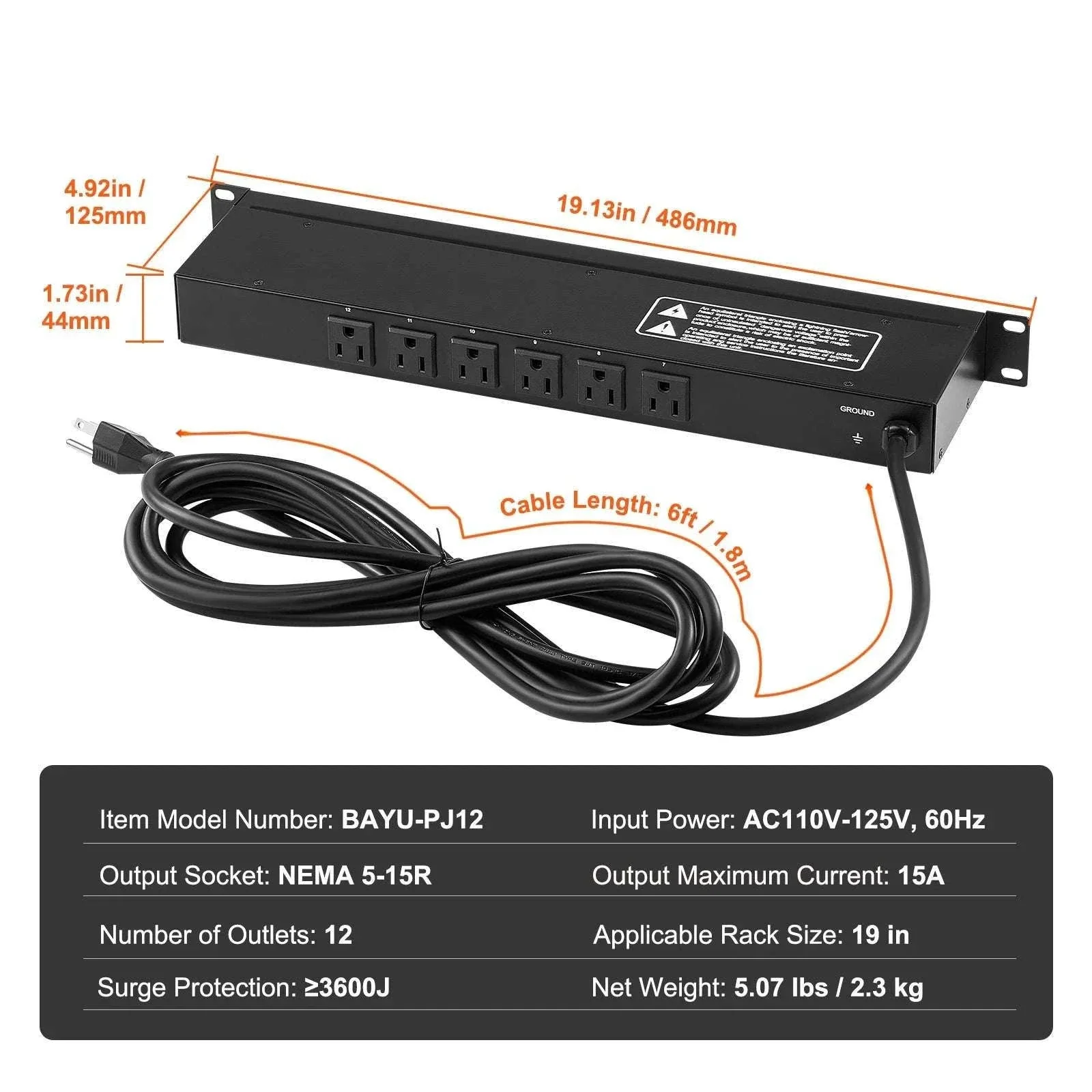 1U Rack Mount PDU Power Strip 8/10/12 Outlets 15A Surge Protected - Image 20