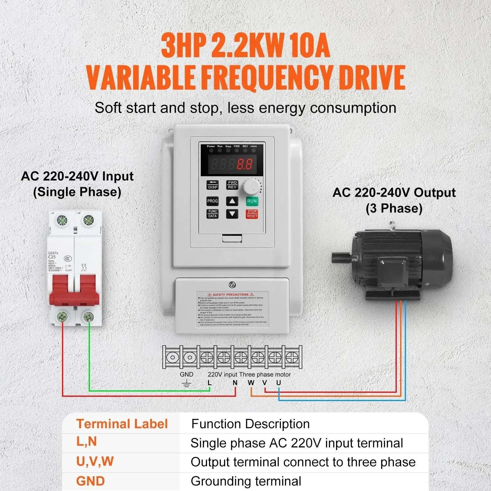2.2KW VFD Inverter 220V 3 Phase Motor Speed Controller 10A - Image 2