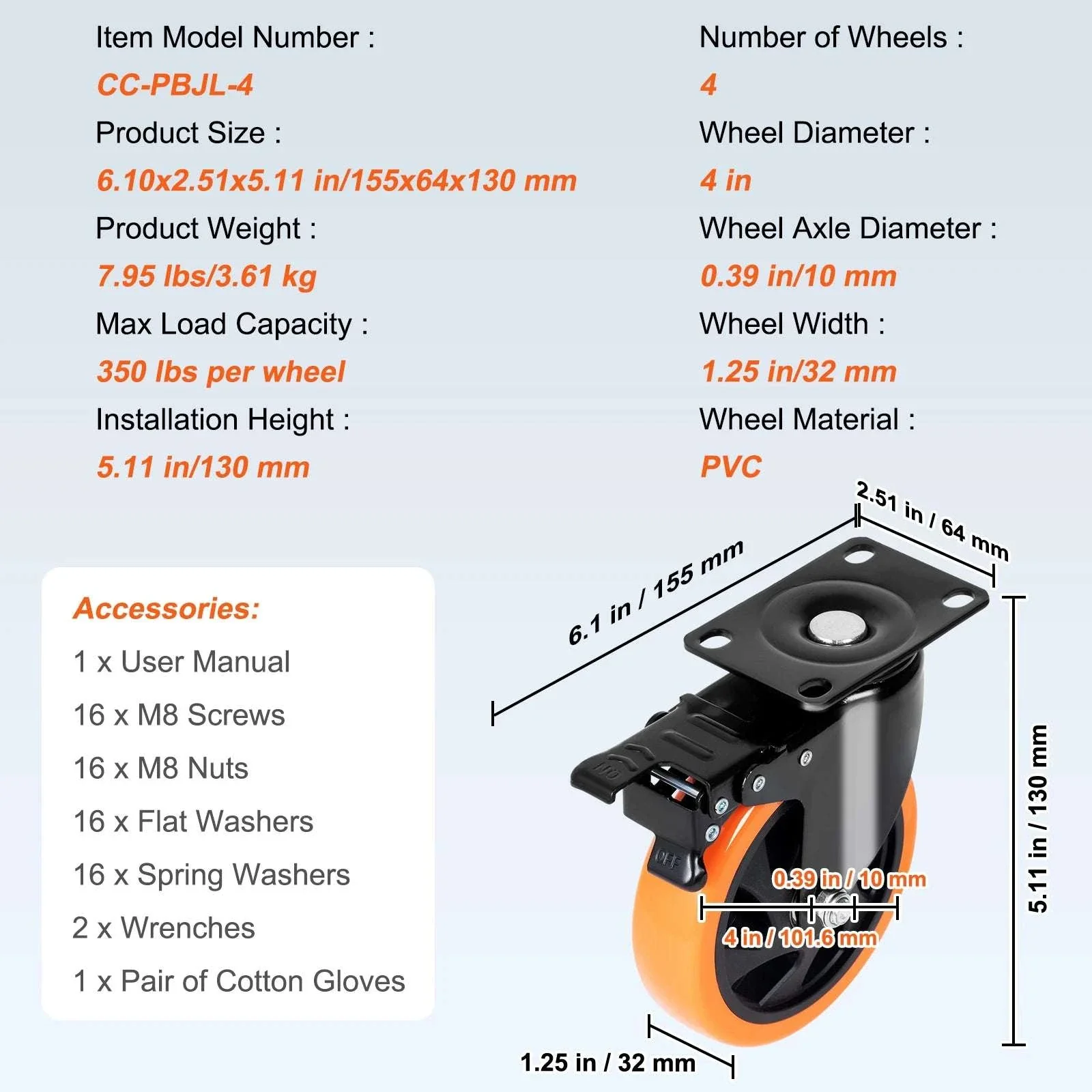 Swivel Plate Caster Wheels Set of 4 with Dual Lock Brakes - Image 22